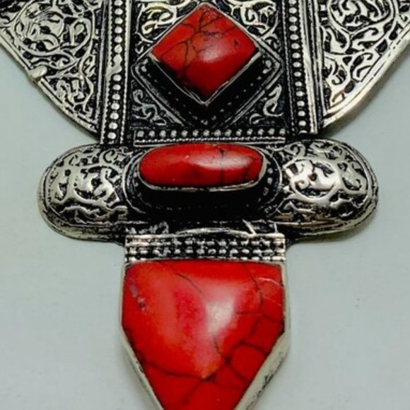 Red Tibetan Coral Gemstone Handmade Necklace,Beaded Chain Nepalese Style Necklac - Picture 6 of 10